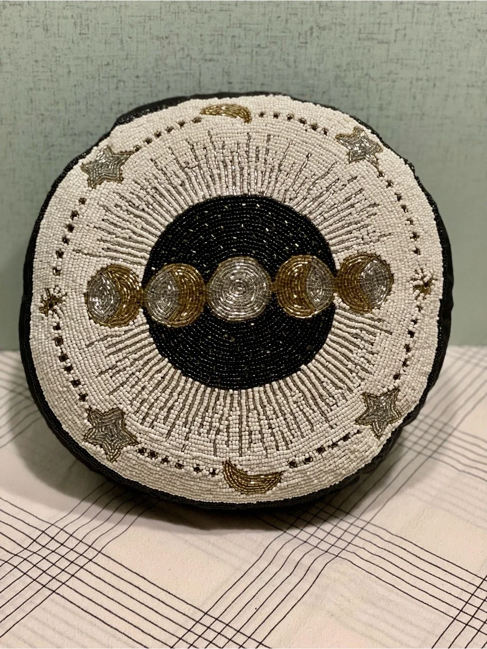 Round FULLY BEADED Moon Phase Pillow in Black, White & Gold CELESTIAL DECOR
